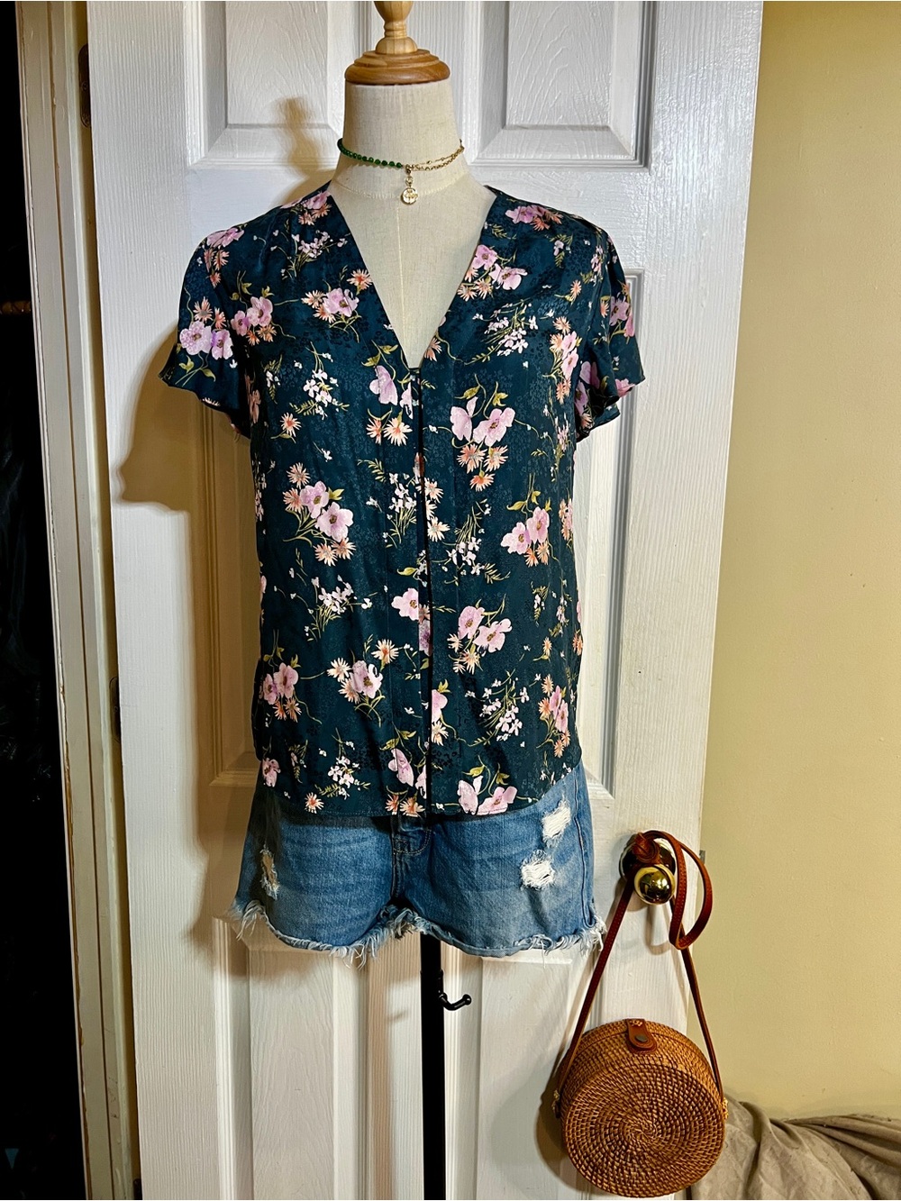 Rebecca Taylor Wms Emilia Navy Pink Floral Silk Jacquard Flutter Sleeve Top‎ 2/S